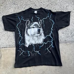 Vintage American Thunder Shirt Mens XL Black Spell Out Graphic Wolf Nature AOP
